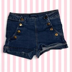 Blue Spice Dark Wash Denim Sailor-Style Shorts with Gold Buttons